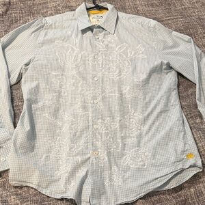 Express Light Blue Checked Button-Down Shirt with White Embroidery